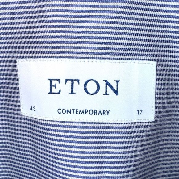 Eton Contemporary Blue Bengal Striped Twill Semi Spread Dress Shirt XL 17 - Picture 2 of 9
